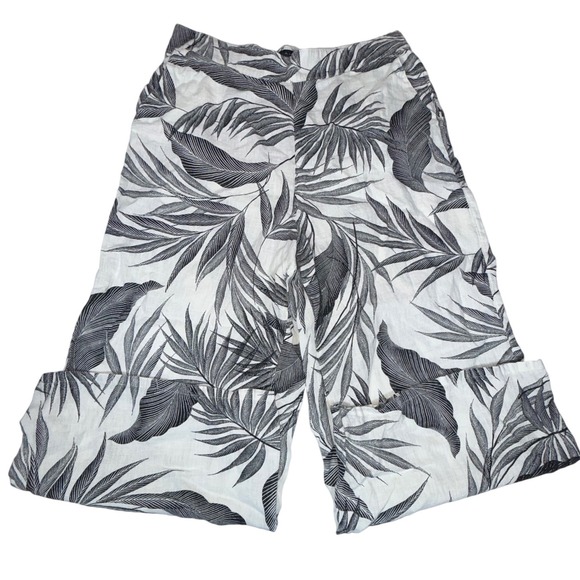 Tahari Pants - Tahari 100% Linen Wide Leg Pants Womens Size L White Black Tropical Palm Print